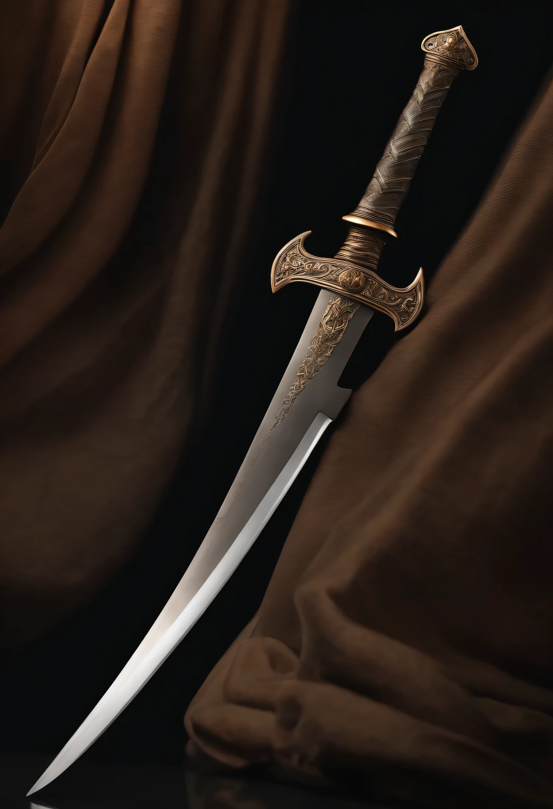 bronze sword with zigzag details still clearly visible in the hilt region and an impressive glow on the blade.