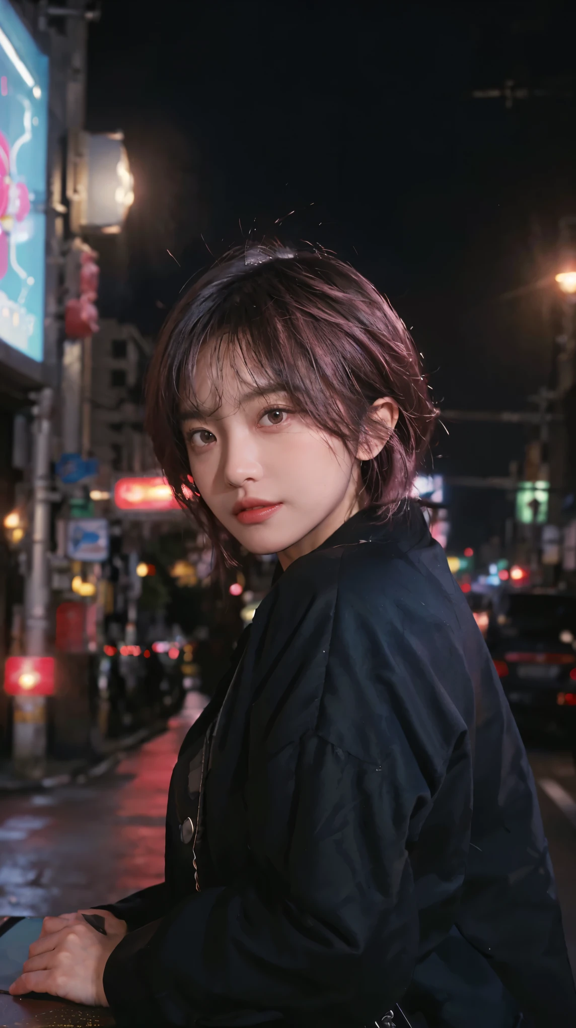 (8k, highest quality, masterpiece: 1.4), Super detailed, highest quality, Ultra-high resolution, Depth of written boundary,Ultra-Realistic Capture,(Very detailed,High definition 16k), cute, girl, short hair, Pink Hair, looking at the camera, Tokyo Street, (Night lights:1.4), (Cinema lighting:1.4)