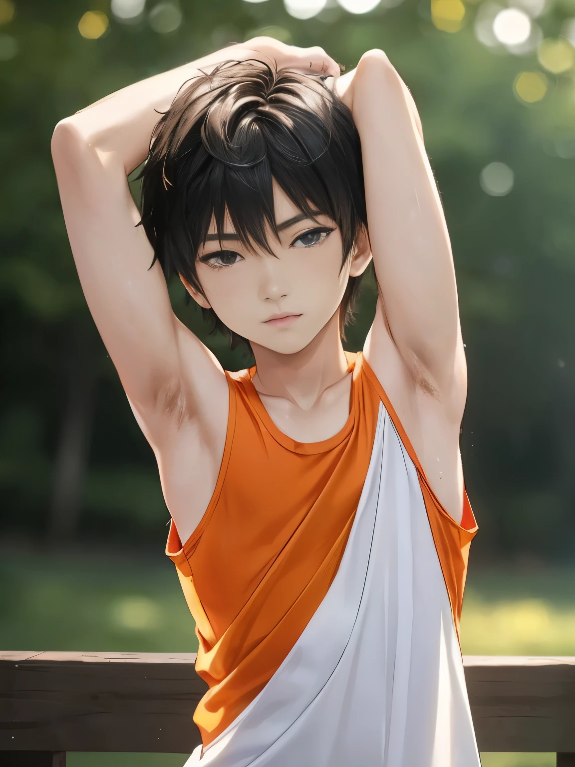 Masterpiece， Best quality at best， 1boy，boy, sasuke，(shota, young boy), (thin body, slim body), little breast, shirtless, topless, bare chest，armpit, (showing armpit:1.3), upperbody，full of sweat, is shy，smile，light blue eyes, Black hair，(Wet: 1.4), trousers, belt,  Cowboy shot, Looking up, Looking at the viewer, from above, from the front, bedroom, sunlight, summer