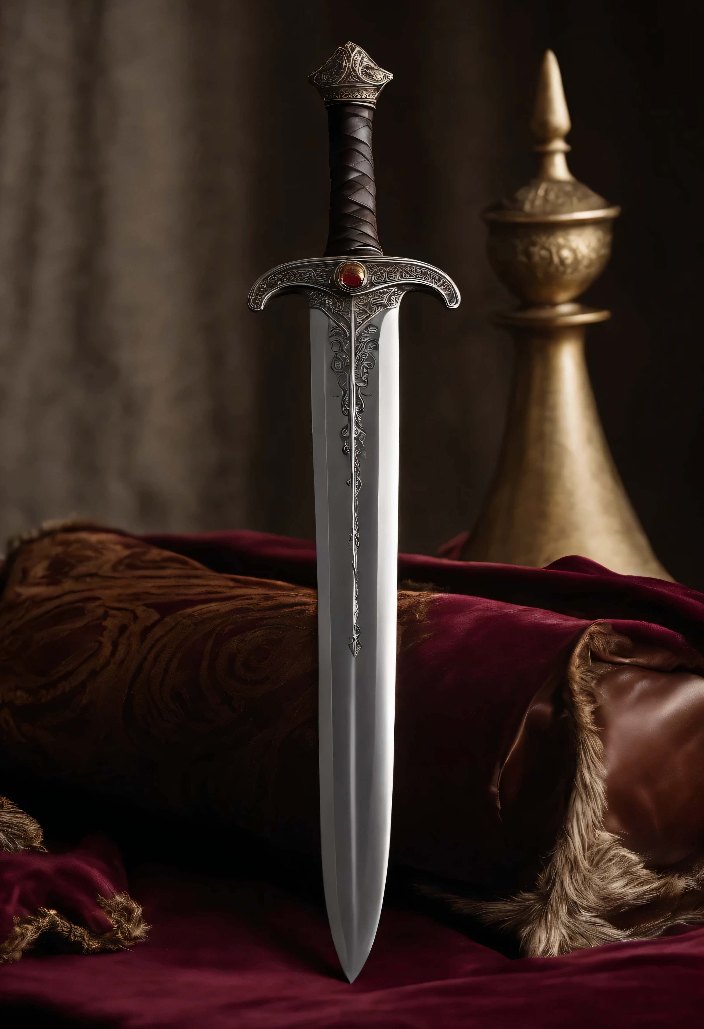 A photo of a perfectly polished and menacing looking dagger resting on a velvet cushion.,Game of Thrones TV series,Ramsay has shaggy brown hair and cold grey eyes, dressed in medieval winter attire. Famously portrayed by Iwan Rheon