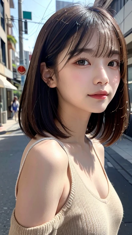 (((Shoulder length brown straight short bob)))、(((Her background is downtown Hawaii.、Pose like a model at the hair salon.)))、(((Casual black winter street fashion)))、Face close-up、Half Japanese and half Korean、18-year-old girl、independent、Look forward、Light eye makeup、Brown Hair Color、flat 、Hair blowing in the wind、Quality of actress、Shiny, Ultra-realistic faces、smileの表情、Watery eyes、look up、Soothing lighting effects、 Ultra-Realistic Capture、Very detailed、High resolution 16k human skin closeup。Skin texture must be natural、Must be so detailed that pores are visible、skin is healthy、Must be of uniform tone、Use natural light and color、High quality photos taken by modeling agencies&#39;Exclusive photographer、smile
