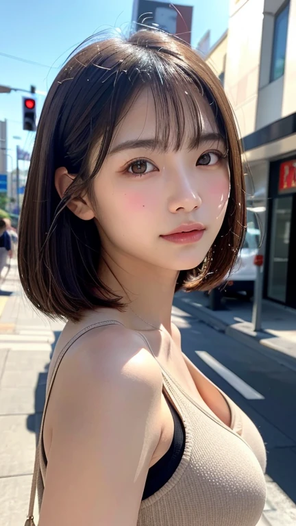 (((Shoulder length brown straight short bob)))、(((Her background is downtown Hawaii.、Pose like a model at the hair salon.)))、(((Casual black winter street fashion)))、Face close-up、Half Japanese and half Korean、18-year-old girl、independent、Look forward、Light eye makeup、Brown Hair Color、flat 、Hair blowing in the wind、Quality of actress、Shiny, Ultra-realistic faces、smileの表情、Watery eyes、look up、Soothing lighting effects、 Ultra-Realistic Capture、Very detailed、High resolution 16k human skin closeup。Skin texture must be natural、Must be so detailed that pores are visible、skin is healthy、Must be of uniform tone、Use natural light and color、High quality photos taken by modeling agencies'Exclusive photographer、smile
