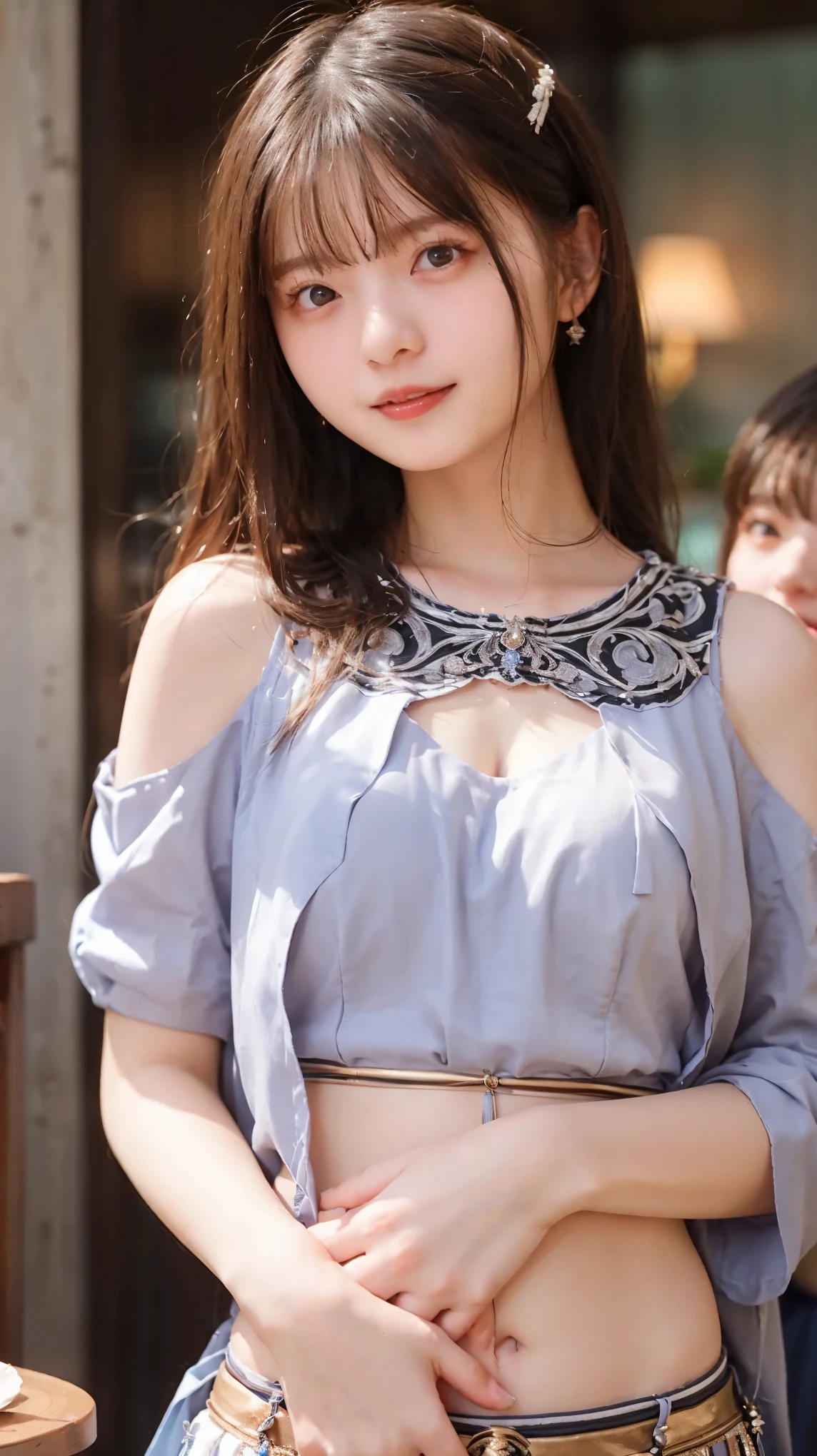 highest quality、8k quality、A white woman being hugged by a man、Small face、18-year-old、That woman is slim、Man grabs woman;Touching the chest tightly、Belly dance costume with bare shoulders、Open your mouth(1.6)