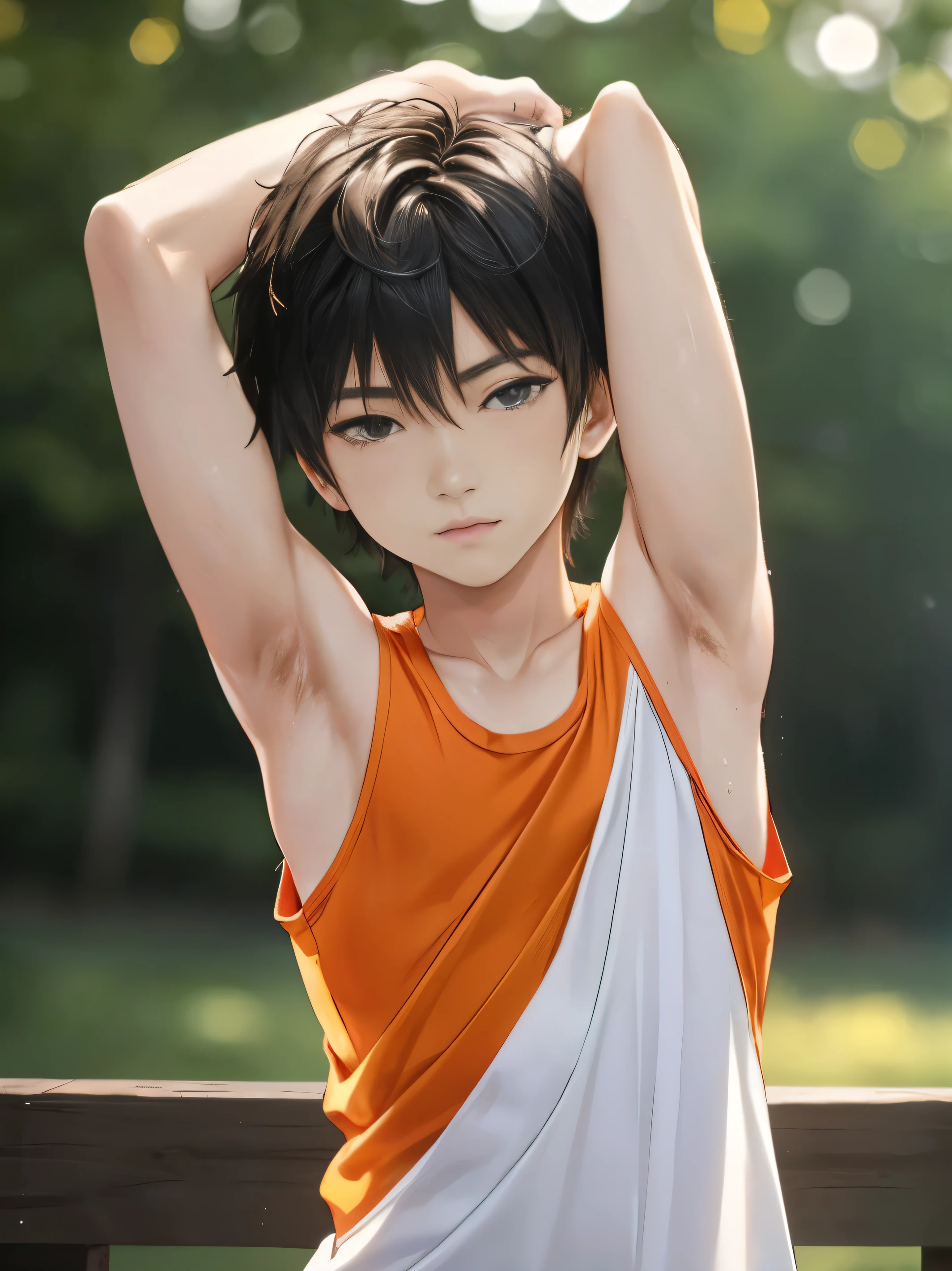 Anime style, (Masterpiece),best quality, high detail, Highres, Masterpiece,Best Quality,hight quality, 1boy, hansome boy, korean boy, Shota, Orange tank top, Tank top, (Smooth armpit:1.3), Shine closer to the armpit, (very young boy), (very small and short body), 12-year-old boys, (Showing armpit:1.3), Simple beckground, Little sweat, Uhd, bokeh, Ray tracing