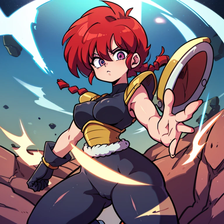 Ranmachan, cabello rojo, Cabello con trenza, ojos azules, ojos detallados, Saiyan Scouter (+ Armor), saiyan armor, energy sphere, released energy, pelea,