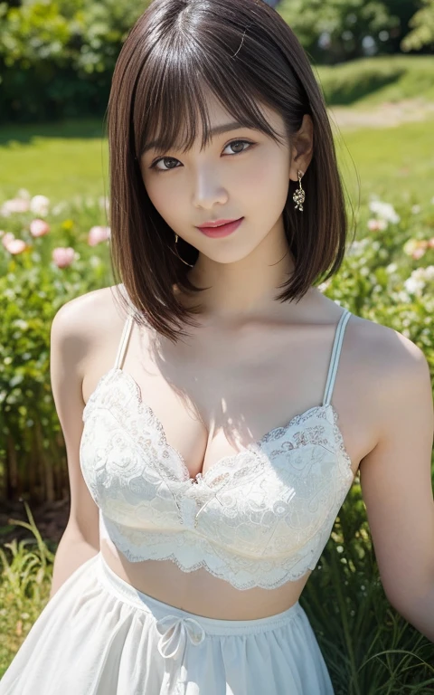 (highest quality:1.5), (Realistic:1.5), (1 person:1.5), (Mid Shot:1.5), Very detailed, High resolution, 8k wallpaper, , Small breasts, Natural color lips, かわいいsmile, Japanese women, 20-year-old girl, Beautiful and elegant face, Perfect and beautiful face, Big eyes, Brunette's eyes, Beautiful and elegant face, Perfect and beautiful double eyelids, Natural Bangs, Beautiful thin nose, Beautiful Skin, Chestnut Hair, Medium Bob Hair, Shortcuts, Natural Bangs, Perfect and beautiful face, Slim face and figure, (Looking at the camera)、(Forward lighting)、smile、morning、Clear skies、grassland、One person is standing、(Cute purple lace micro mini dress with rose floral pattern)、（Outdoor）、Beautiful clavicle、(The navel is visible)、Cleavage、Bright lighting、Professional Lighting、Natural lighting、
