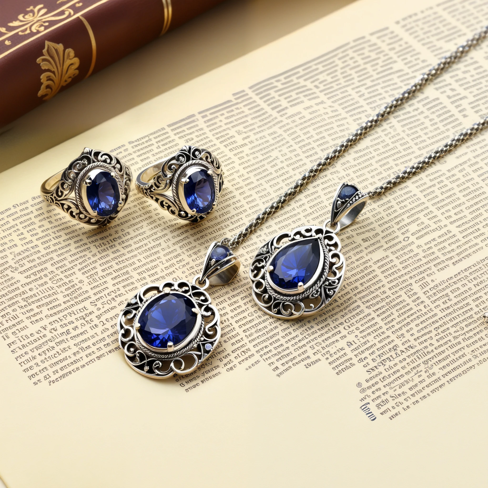 Highly detailed, photorealistic image of a pair of vintage-inspired silver earrings with delicate filigree and sapphire accents; a matching silver ring with a central sapphire and filigree band; and a silver necklace with a sapphire pendant encased in filigree. None of the pieces touch each other, full view of each piece. Professional display.