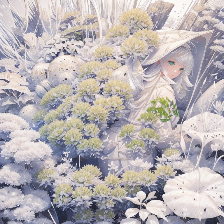 All pure white、White world、A pure white plant that lacks chlorophyll、A beautiful woman lost in a land of white plants、Surrounded by a forest of fantastic white plants、Beautiful woman is an adventurer、Only the eyes are green