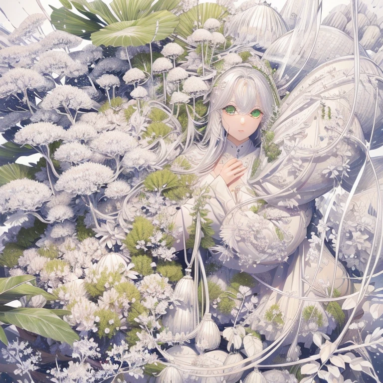 All pure white、White world、A pure white plant that lacks chlorophyll、A beautiful woman lost in a land of white plants、Surrounded by a forest of fantastic white plants、Beautiful woman is an adventurer、Only the eyes are green