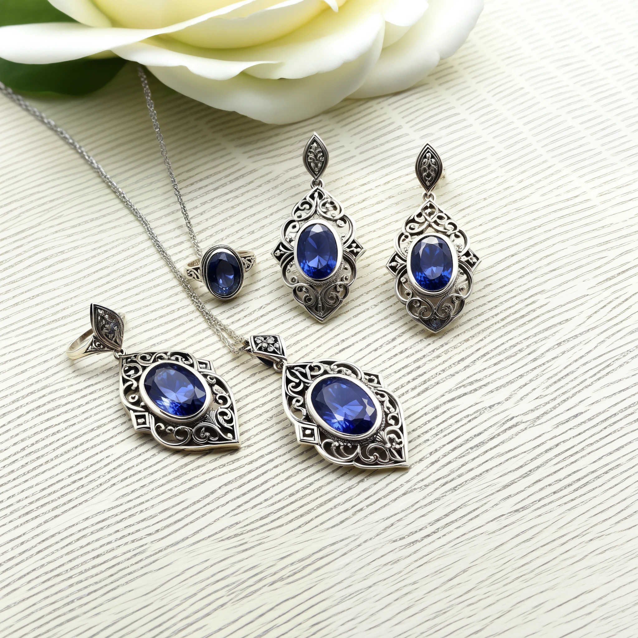 Highly detailed, photorealistic image of a pair of vintage-inspired silver earrings with delicate filigree and sapphire accents; a matching silver ring with a central sapphire and filigree band; and a silver necklace with a sapphire pendant encased in filigree. None of the pieces touch each other, full view of each piece. Professional display.