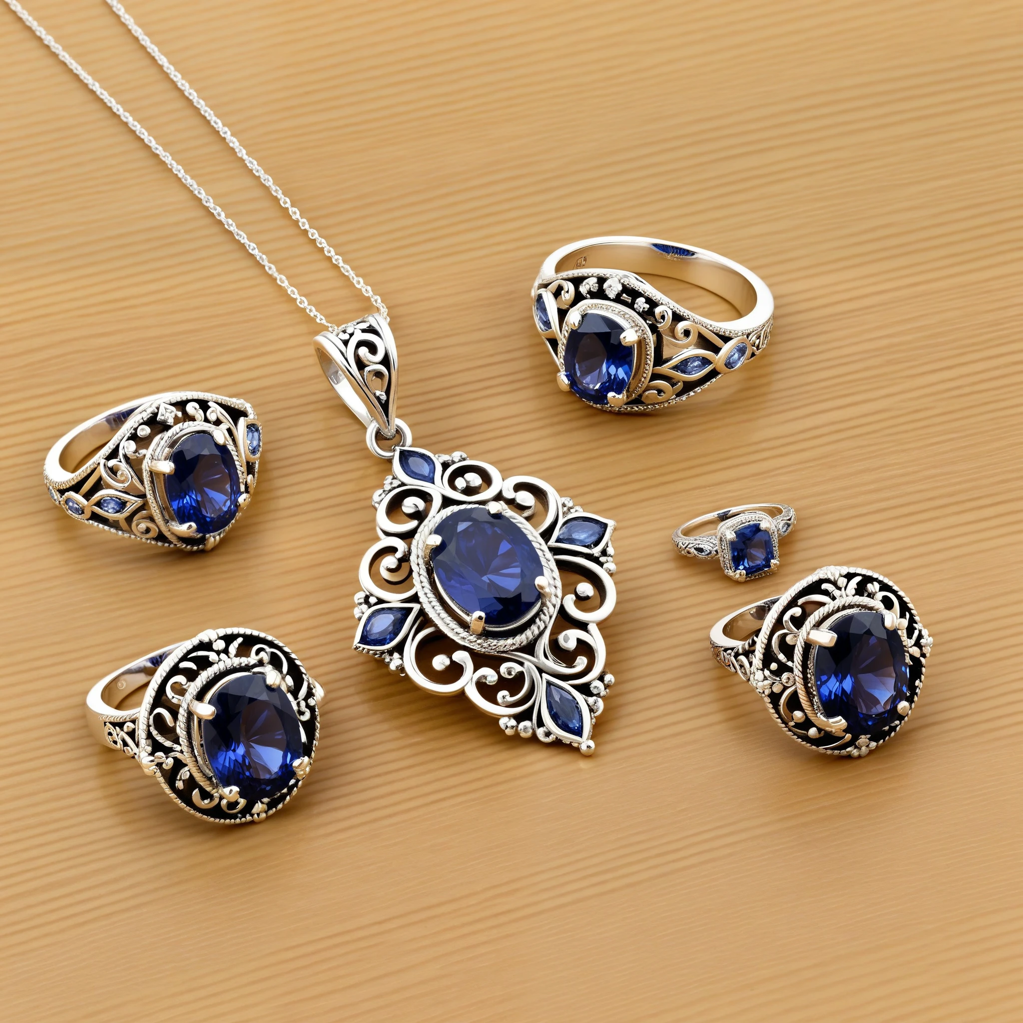 Highly detailed, photorealistic image of a pair of vintage-inspired silver earrings with delicate filigree and sapphire accents; a matching silver ring with a central sapphire and filigree band; and a silver necklace with a sapphire pendant encased in filigree. None of the pieces touch each other, full view of each piece. Professional display.