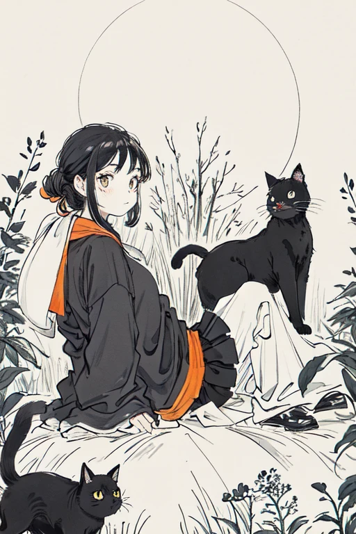 Black cat,orange,cute,Big eyes,masterpiece,full moon,(girl)