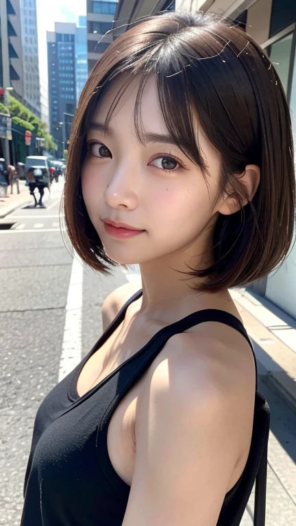 (((Shoulder length brown straight short bob)))、(((Her background is in downtown Hawaii..、Pose like a model at the hair salon.)))、(((Casual black winter street fashion)))、Face close-up、Half Japanese and half Korean、18-year-old girl、independent、look forward to、Light eye makeup、Brown Hair Color、flat 、Hair blowing in the wind、Quality of actress、Shiny, Ultra-realistic faces、smileの表情、Watery eye、look up、Pleasant lighting effects、 Ultra-Realistic Capture、Very detailed、High resolution 16k human skin closeup。Skin texture must be natural、Must be so detailed that pores are visible、skin is healthy、There must be a unified tone、Use natural light and color、High quality photos taken by modeling agencies&#39;Exclusive photographer、smile
