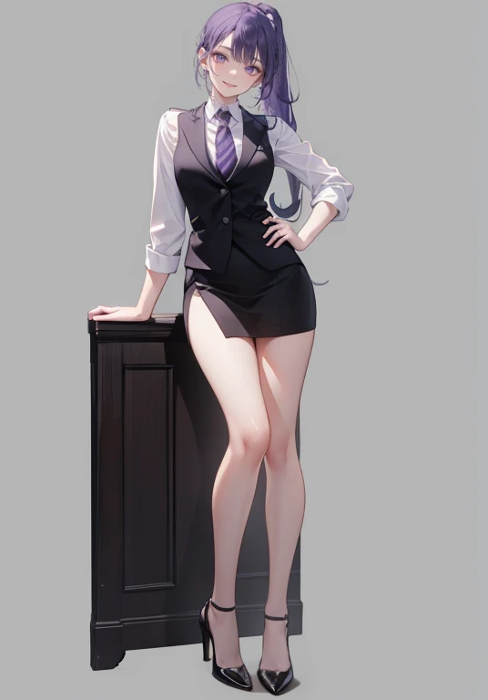 ((Perfect Face)),Purple Hair,A neat long ponytail,1 female,bartender,suit,Black vest,Shirt with rolled up sleeves,tie,slit,High heels,Stand with your feet shoulder-width apart,beautiful posture,standing tall,,((Simple Background)),smile,((whole body)),((Full Body)),((full body)),Portraiture,virtual,upright,,((Both arms are down)),Standing upright with face and body facing forward,