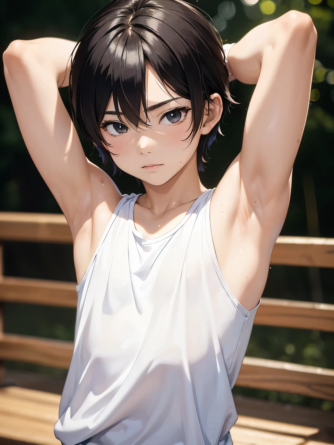 Anime style, (Masterpiece),best quality, high detail, Highres, Masterpiece,Best Quality,hight quality, 1boy, hansome boy, korean boy, Shota, Orange tank top, Tank top, (Smooth armpit:1.3), Shine closer to the armpit, (very young boy), (very small and short body), 12-year-old boys, (Showing armpit:1.3), Simple beckground, Little sweat, Uhd, bokeh, Ray tracing