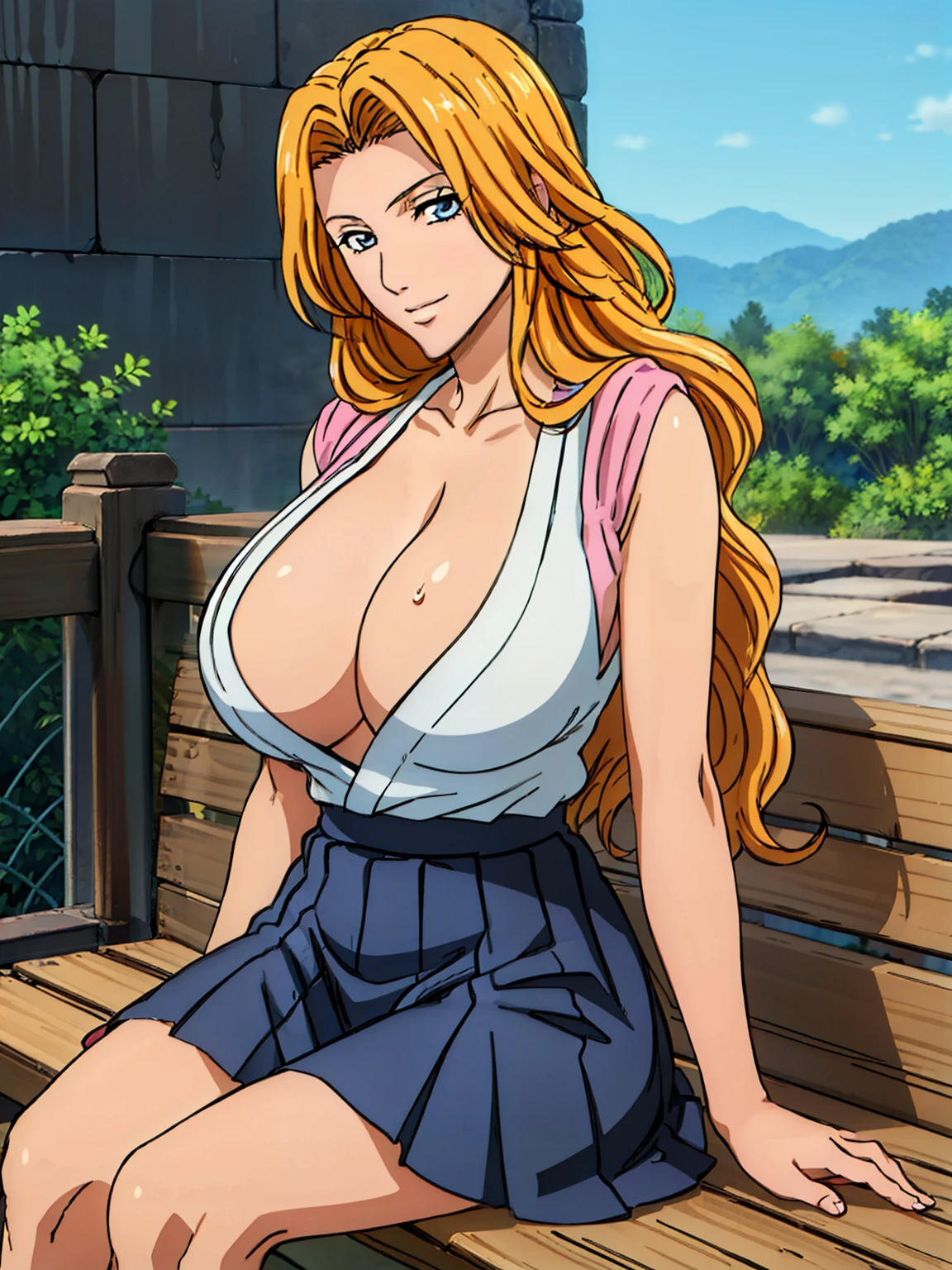 white serafuku, blue pleated skirt, yellow bow, sitting on bench, garden, matsumoto rangiku, anime cels style, best quality, high resolution, (huge breasts:1.3), cowboy shot, (potrait body), blue eyes, Blonde hair, bangs,Long_hair, 1 girl, looking at viewer, beautiful face, Beautiful Finger, Beautiful long legs, Beautiful body, Beautiful Nose,Beautiful character design, light smile
