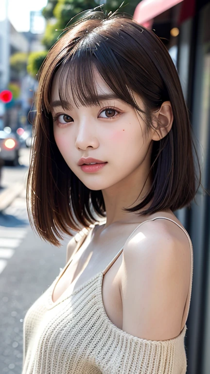 (((Shoulder length brown straight short bob)))、(((Her background is in downtown Hawaii..、Pose like a model at the hair salon.)))、(((Casual black winter street fashion)))、Face close-up、Half Japanese and half Korean、18-year-old girl、independent、look forward to、Light eye makeup、Brown Hair Color、flat 、Hair blowing in the wind、Quality of actress、Shiny, Ultra-realistic faces、smileの表情、Watery eye、look up、Pleasant lighting effects、 Ultra-Realistic Capture、Very detailed、High resolution 16k human skin closeup。Skin texture must be natural、Must be so detailed that pores are visible、skin is healthy、There must be a unified tone、Use natural light and color、High quality photos taken by modeling agencies'Exclusive photographer、smile