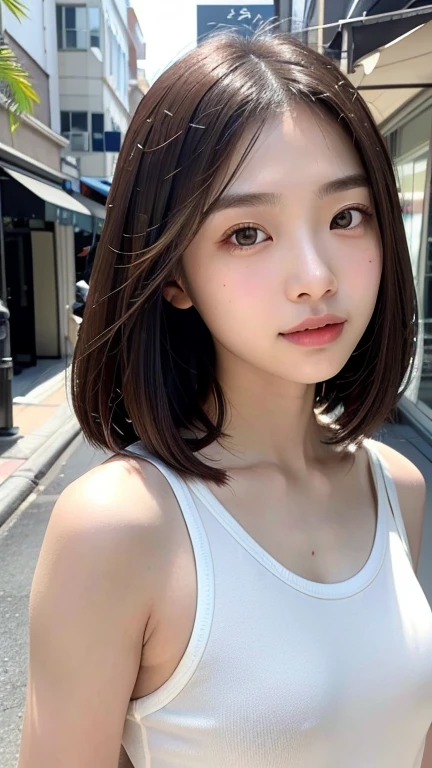 (((Shoulder length brown straight short bob)))、(((Her background is in downtown Hawaii..、Pose like a model at the hair salon.)))、(((Casual black winter street fashion)))、Face close-up、Half Japanese and half Korean、18-year-old girl、independent、look forward to、Light eye makeup、Brown Hair Color、flat 、Hair blowing in the wind、Quality of actress、Shiny, Ultra-realistic faces、smileの表情、Watery eye、look up、Pleasant lighting effects、 Ultra-Realistic Capture、Very detailed、High resolution 16k human skin closeup。Skin texture must be natural、Must be so detailed that pores are visible、skin is healthy、There must be a unified tone、Use natural light and color、High quality photos taken by modeling agencies&#39;Exclusive photographer、smile
