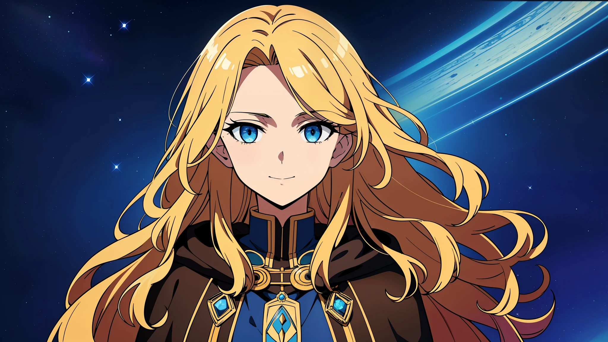 (high-quality, breathtaking),(expressive eyes, perfect face) 1girl, female, adult, solo, long length hair, blonde with brown highlights hair color, glowing hair, deep blue eyes, calm expression, charming smile, cloak, shirt, space background, upper body, magic, elegant, Greek Clothing, portrait, fantasy mage clothing, adventurers clothing, Saturn Roman God of Time, Saturn, soft wavy hair, free flowing loose hair, time background, mum vibe, mature woman, beautiful hair, waifu