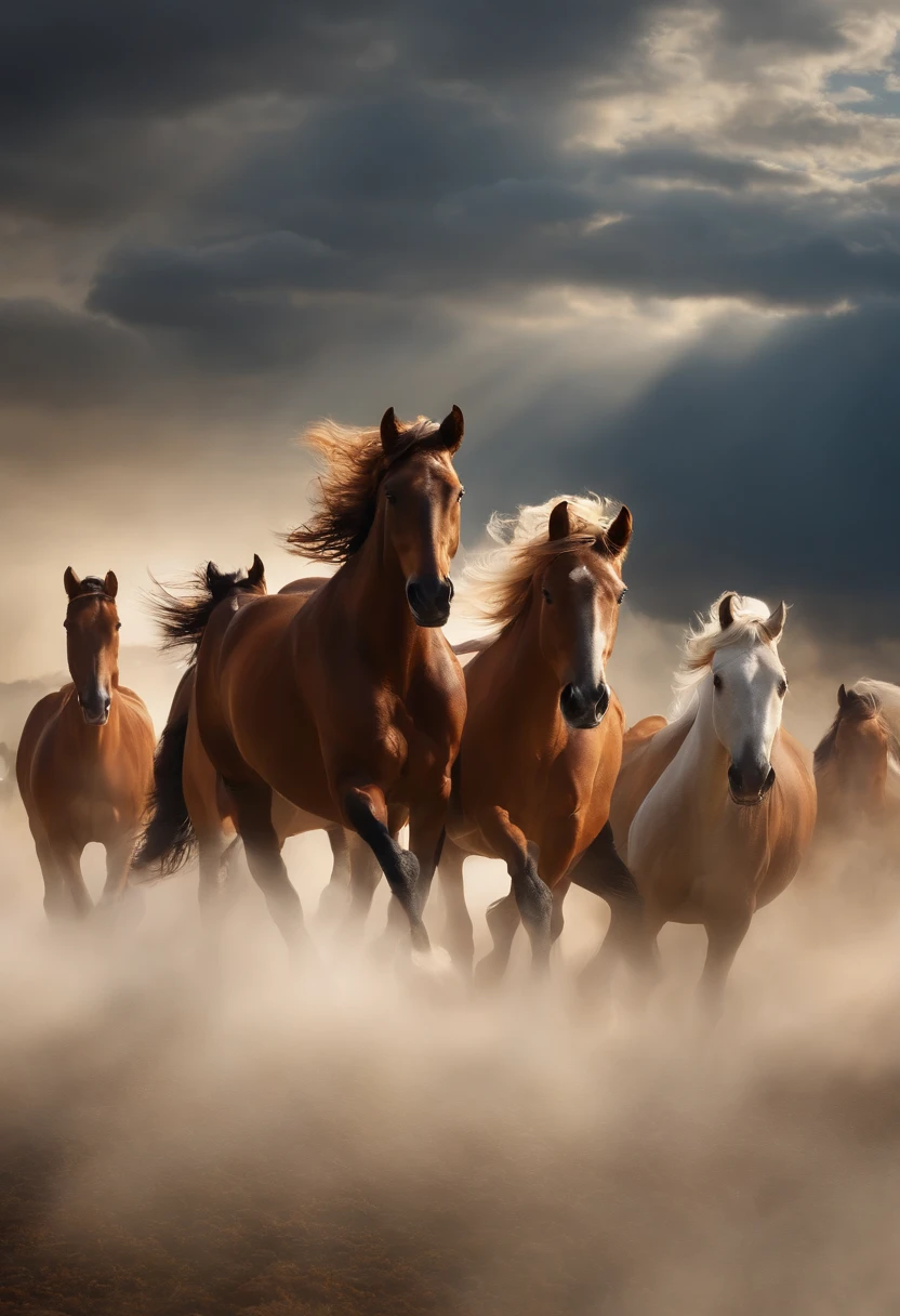 A herd of horses rushes across the clouds in the sky