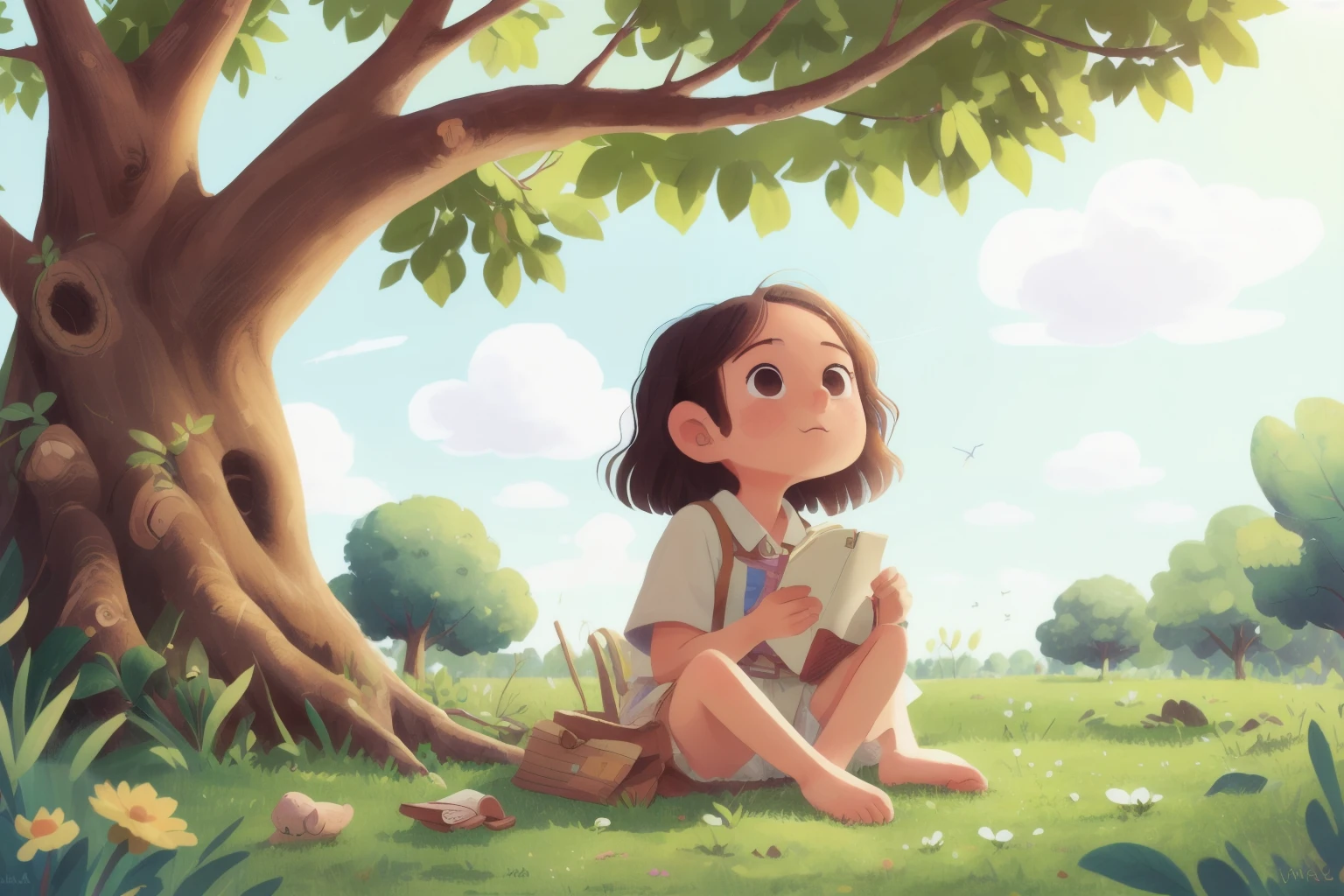 A girl sitting under a tree looking at the sky
