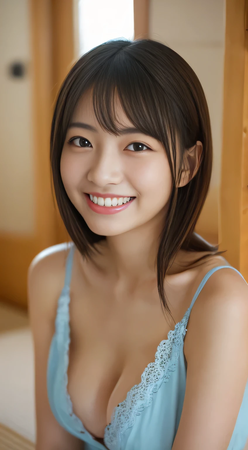 masterpiece,best quality,(Japanese ),((Beautiful girl)),cleavage,indoor,(perfect body beauty:1.2),(shy smile),beautiful teeth,