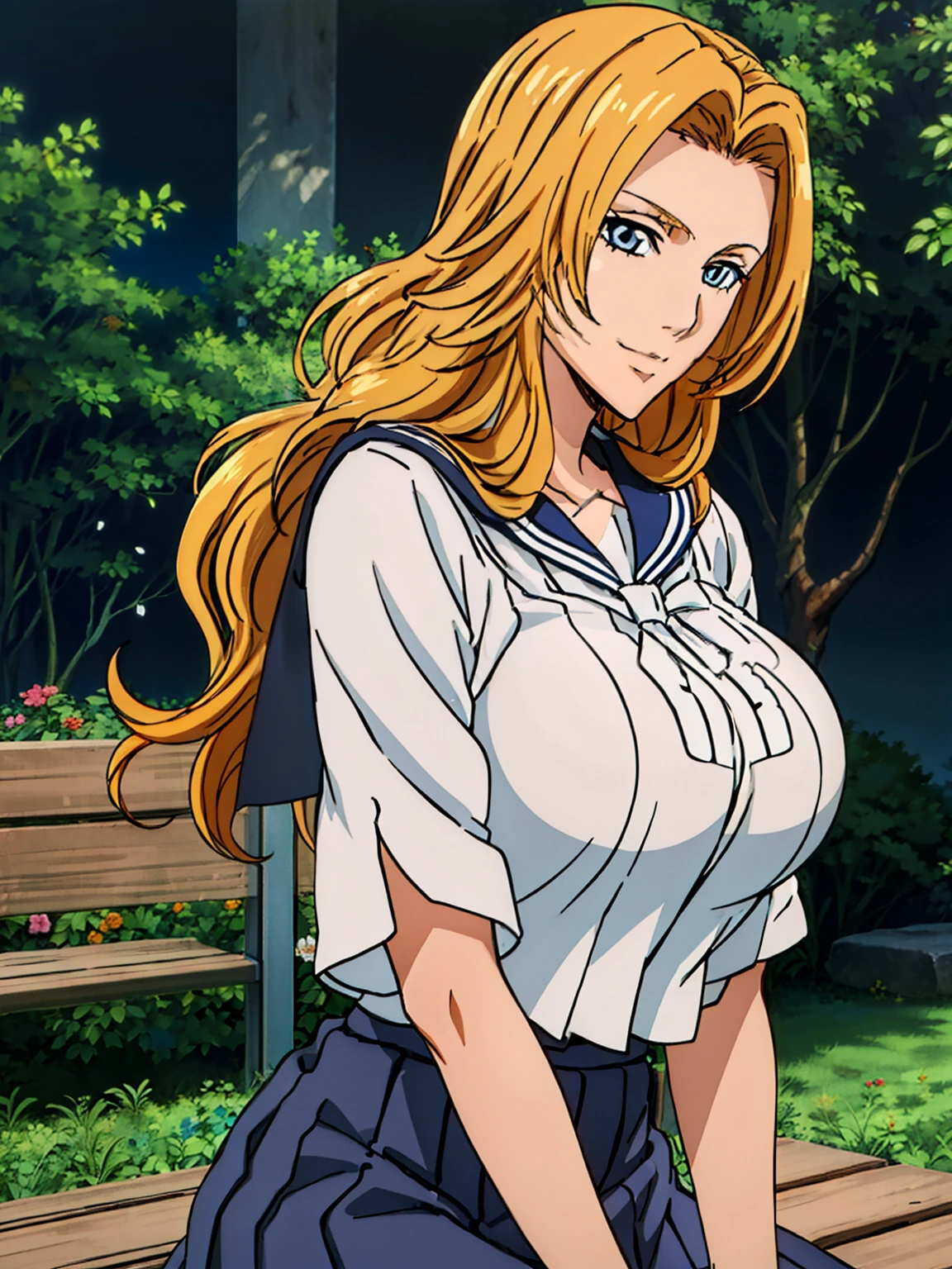 (white serafuku : 1.3), blue pleated skirt, yellow bow, sitting on bench, garden, matsumoto rangiku, anime cels style, best quality, high resolution, (huge breasts:1.3), cowboy shot, (potrait body), blue eyes, Blonde hair, bangs,Long_hair, 1 girl, looking at viewer, beautiful face, Beautiful Finger, Beautiful long legs, Beautiful body, Beautiful Nose,Beautiful character design, light smile