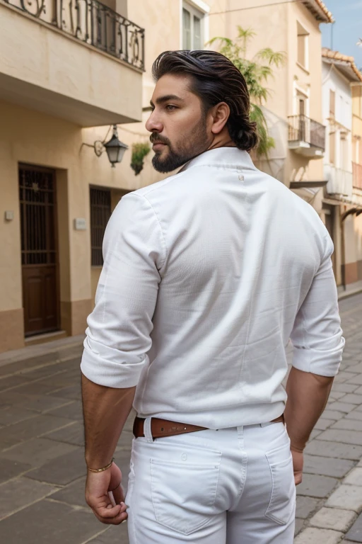 Rogelio Martínez, hombre barbudo y musculoso, muy guapo y varonil, intrincado, elegant, Sharp focus, foto de greg rutkowski, Soft lighting, Colores vibrantes, Obra maestra, ((calles)), cuerpo completo, White jeans backside, same model