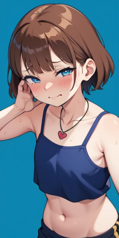 1 girl,heart-shaped pupils, put your hand on your face, (brown hair), (blue eyes), (short hair), ((hime hair)) (blush:1.1), necklace, Upper body, trembling, Sweat, Sweatdrop, heart, (speed line:1.1), ((Flat milk)), ((heavy breathing:1.3)), like, heart, blue croptop, embarrassed, ((embarrased expression)), Yandere, (()), blue string bikini bottoms, (YOUNG), simple blue background