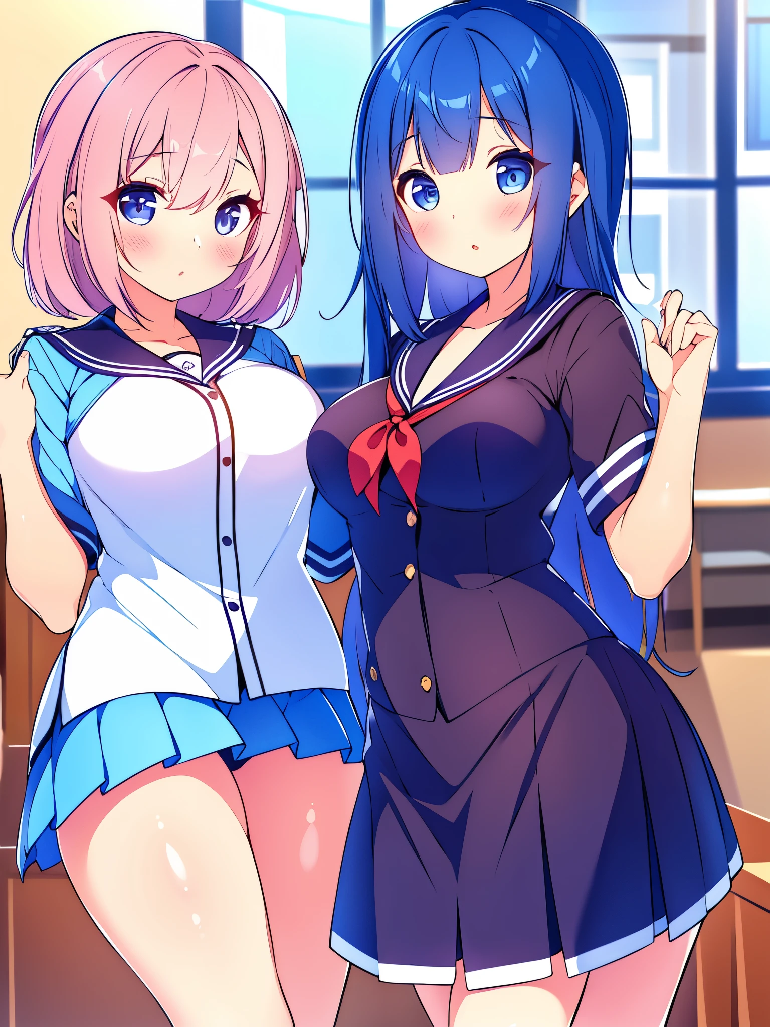 2 chicas hermosas en uniforme escolar cabello azul cabello rosa ojos azules juntas en salon de clases besandose  gran calidad 2k ray tracing breastsshowing In room Great quality 2k masterpiece 