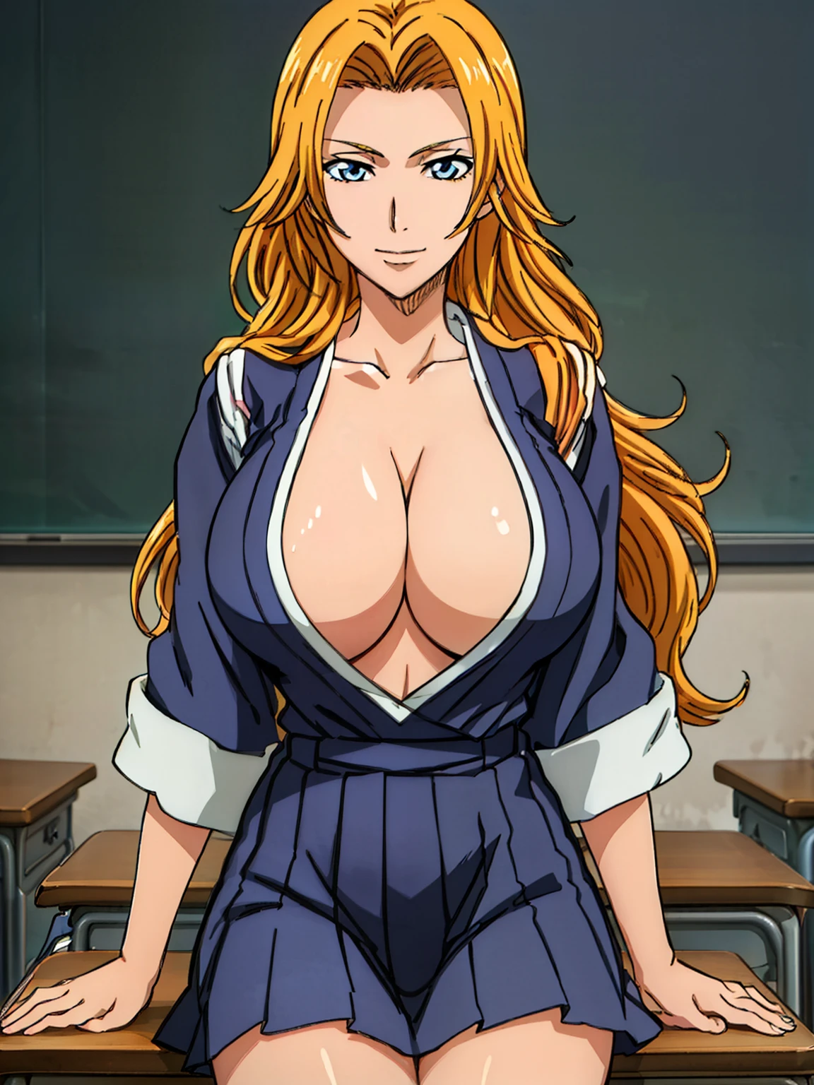 (white serafuku : 1.3), blue pleated skirt, yellow bow, sitting on desk, classroom, matsumoto rangiku, anime cels style, best quality, high resolution, (huge breasts:1.3), cowboy shot, (potrait body), blue eyes, Blonde hair, bangs,Long_hair, 1 girl, looking at viewer, beautiful face, Beautiful Finger, Beautiful long legs, Beautiful body, Beautiful Nose,Beautiful character design, light smile