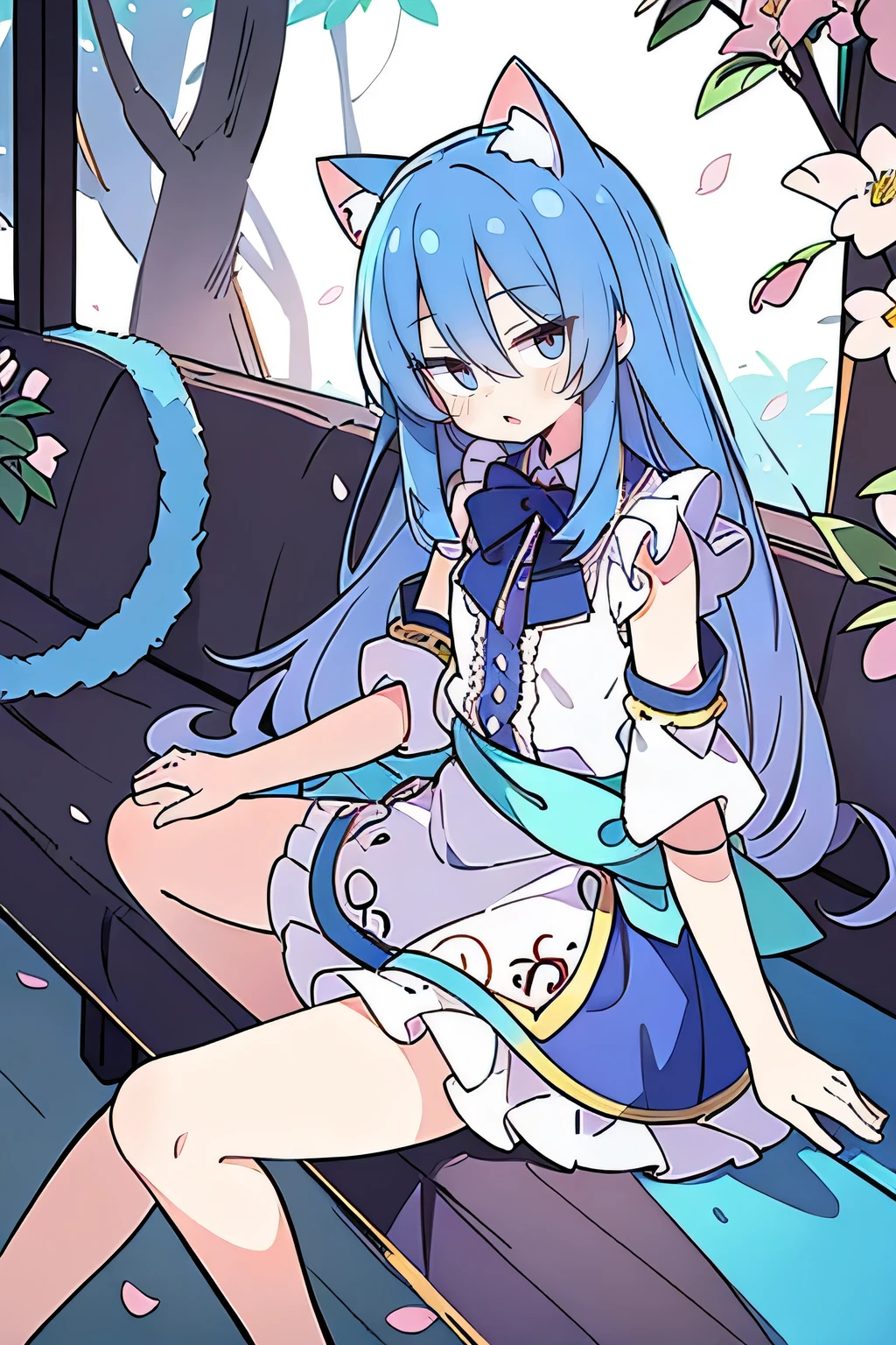 (masterpiece:1.2),ultra-detailed,realistic,expressive eyes,fair-skinned,perfectly shaped face,1girl,
Japanese cartoons,Gorgeous blue hair, flowing blue hair,floating clothes,cat ears,petals falling,beautiful Lola,Hina Angel,
hands on waist,gracefully sitting on the ground,legs crossed,gentle and serene background,cool and comfortable pavilion.