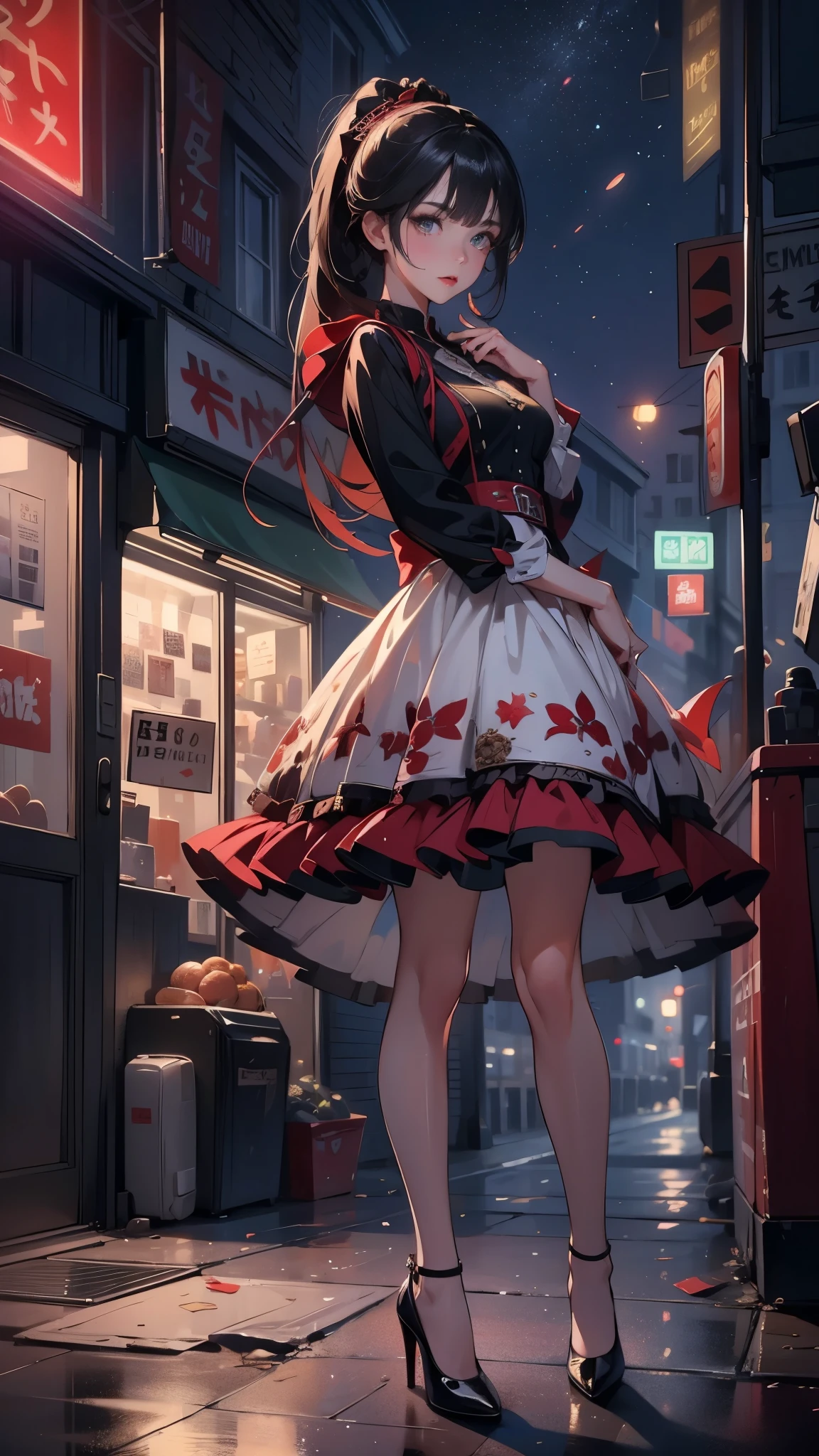 ((looking at the camera in:1.2)),(nearing perfection:1.4),dynamic,smooth private parts,Focus sharp,Lighting,Vibrant brushstrokes, bold colour,Be expressive, Emotional, offcial art,Unity8k wallpaper,ultra - detailed,Beautiful and beautiful,tmasterpiece,Best quality at best,1 girl,beautiful eyes,The content is very detailed,dynamic,(Ruffled skirt),(medium:1.3),Chaos in its most beautiful form,Elegant,designs,Vibrant colors,(Corner store,fleeing,the night,shoe),8k,