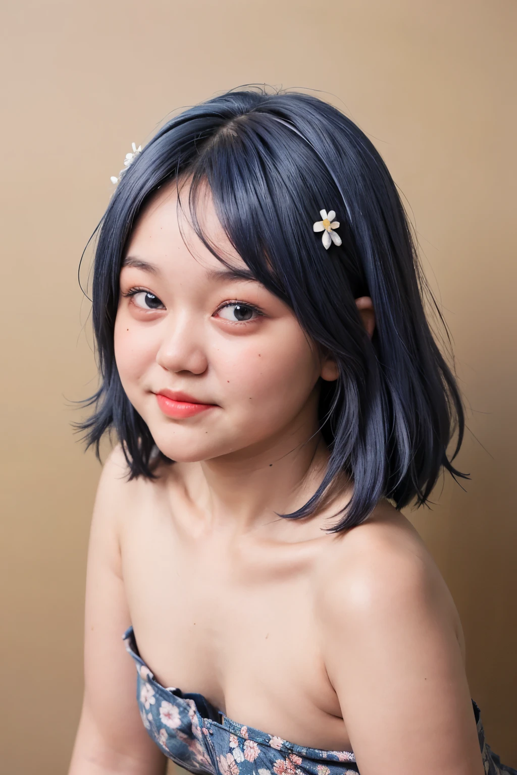 ((SHORT BLUE HAIR COLOR)), ((FLAT CHEST:1.5)), ((Lace)), (Happy smile), masutepiece, High quality, UHD 32K, Realistic face, Realistic skin feeling , A Japanese Lady, 58 years old matured lady, , Very cute and baby-like face, (((FLAT CHEST))), (Night time at forest), ((look In front at the camera and SADNESS)), (((CUTE GIRL))), ((YELLOW LIPS)), ((Floral Pattern)) little wearing strapless, strapless colorful, dark night background , black forest night, horror scary place, (from behind up) seductive pose, ((Chubby:1.4)),