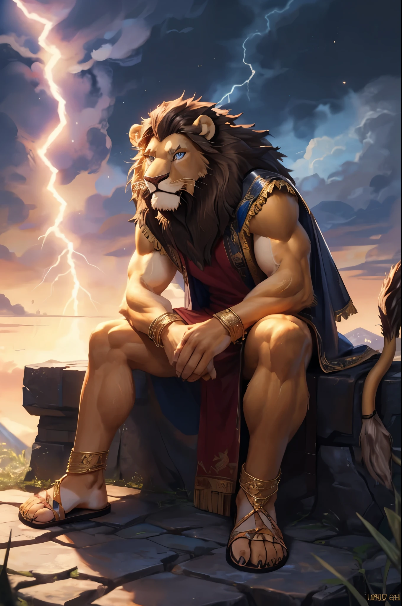 (((Barefoot furry character, full body, cinematic setting, furry male, plantigrade))), (((wearing sandals))), (Zeus - King of the Gods) depicted as a majestic (((lion))) anthro with a muscular build, golden fur, and piercing blue eyes. He wears a regal white toga draped over one shoulder, adorned with thunderbolt motifs. Zeus sitting barefoot atop Mount Olympus, with storm clouds gathering in the background, accompanied by flashes of lightning and crashing thunder. His attribute, the ((thunderbolt)), rests beside him, crackling with power. BREAK, detailed background, 8K, (masterpiece:1.5), intricate details, highly detailed, extreme detail, octane render, fine art, best quality, highres, (detailed face:1.5), ((full_body)), UHD, (((perfect hands))), low light