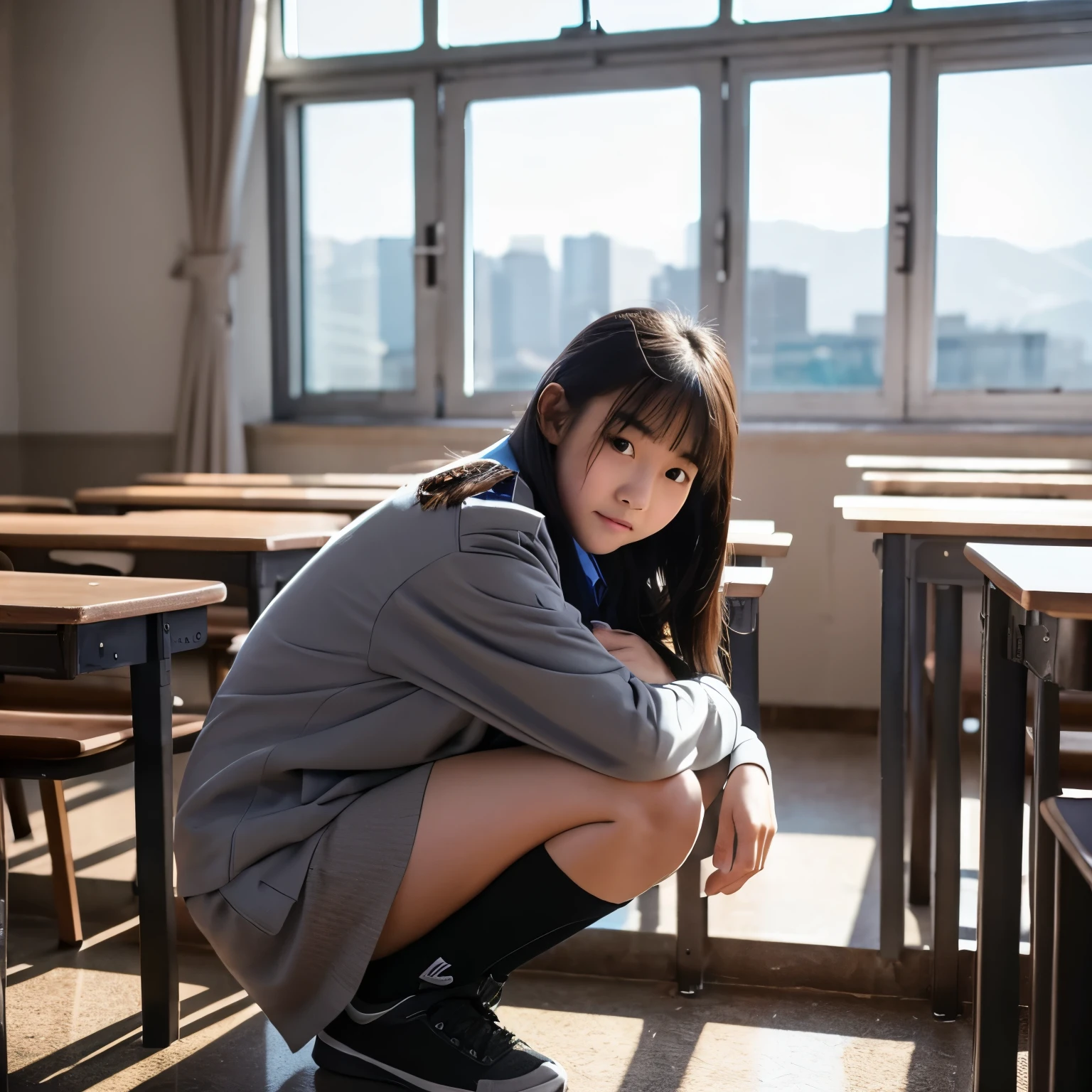 Huge 、I can see the valley、G-Cup、A woman in a grey uniform、Wearing a gray miniskirt、height: 150cm、13 years old、Crouched down in an empty classroom、I&#39;View from above