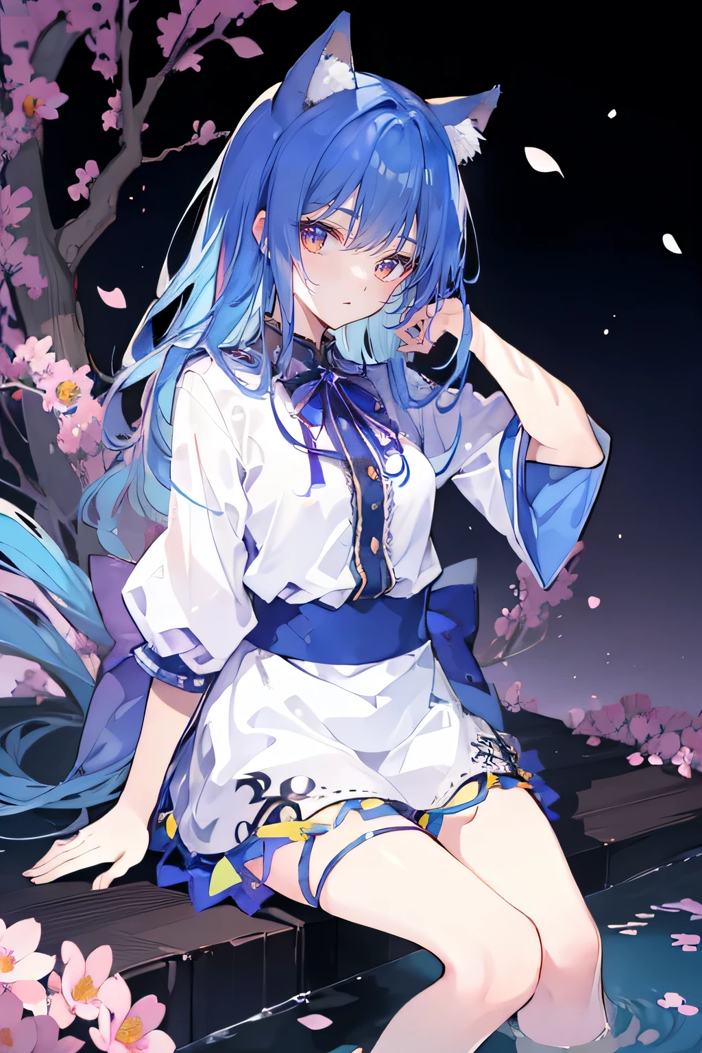 (masterpiece:1.2),ultra-detailed,realistic,expressive eyes,fair-skinned,perfectly shaped face,1girl,
Japanese cartoons,Gorgeous blue hair, flowing blue hair,floating clothes,cat ears,petals falling,beautiful Lola,Hina Angel,
hands on waist,gracefully sitting on the ground,legs crossed,gentle and serene background,cool and comfortable pavilion.