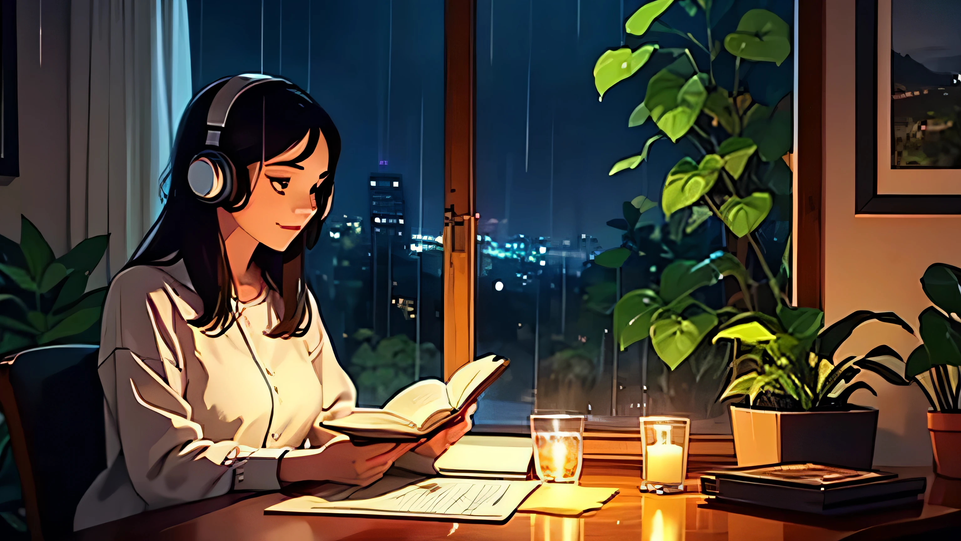 Rainy night There is a beautiful candle and a computer on the table 30A beautiful girl in her thirties is wearing headphones and reading a book while sitting in a chair The night view outside the window is very beautiful. There are lots of plants around Lo-fi vibe
