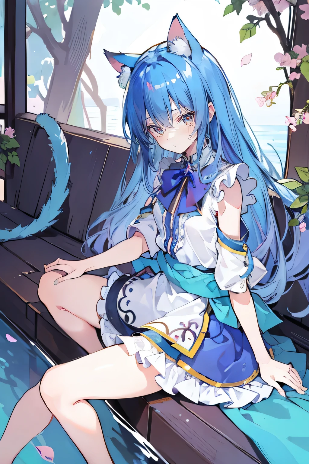(masterpiece:1.2),ultra-detailed,realistic,expressive eyes,fair-skinned,perfectly shaped face,1girl,
Japanese cartoons,Gorgeous blue hair, flowing blue hair,floating clothes,cat ears,petals falling,beautiful Lola,Hina Angel,
hands on waist,gracefully sitting on the ground,legs crossed,gentle and serene background,cool and comfortable pavilion.