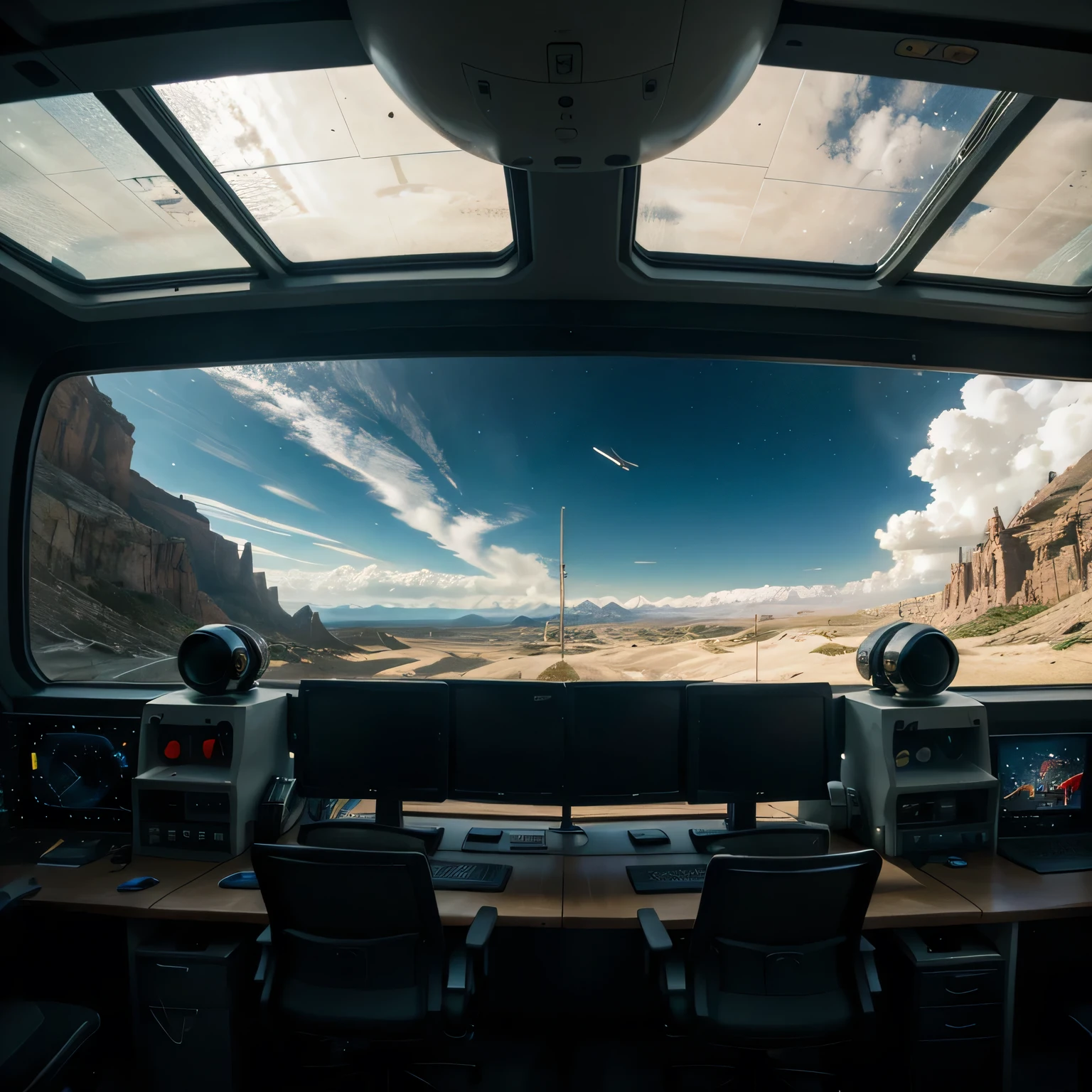 exterior de una nave espacial. Through the windows you can see the landscape of an alien planet., The entire space is filled with work consoles with electronic devices and screens, Full HD