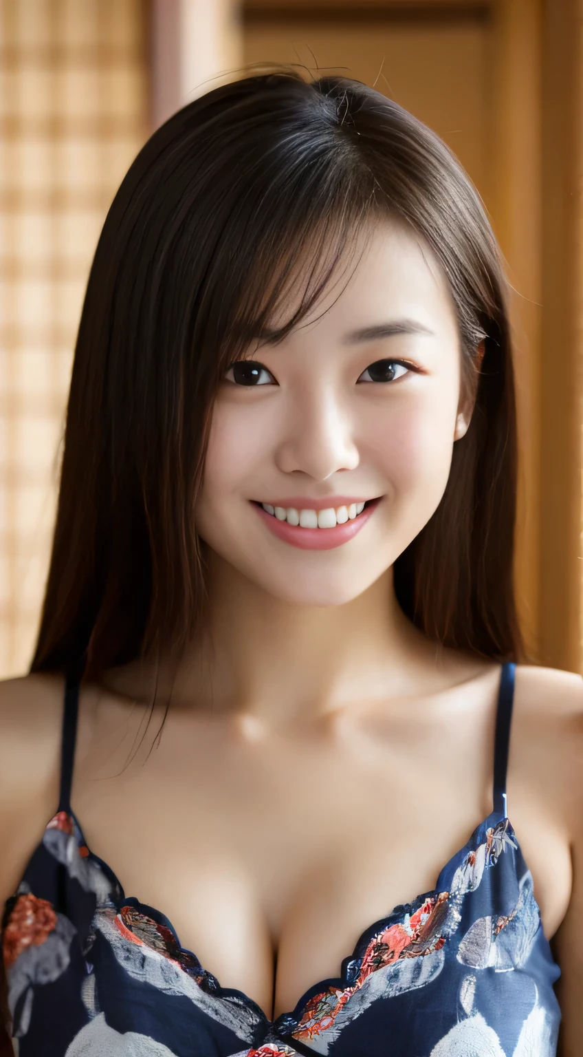 masterpiece,best quality,(Japanese ),((Beautiful girl)),cleavage,indoor,(perfect body beauty:1.2),(shy smile),beautiful teeth,