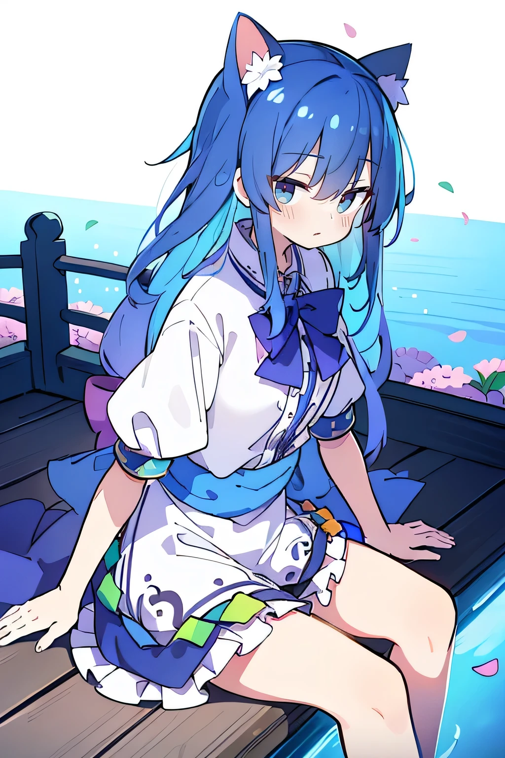 (masterpiece:1.2),ultra-detailed,realistic,expressive eyes,fair-skinned,perfectly shaped face,1girl,
Japanese cartoons,Gorgeous blue hair, flowing blue hair,floating clothes,cat ears,petals falling,beautiful Lola,Hina Angel,
hands on waist,gracefully sitting on the ground,legs crossed,gentle and serene background,cool and comfortable pavilion.