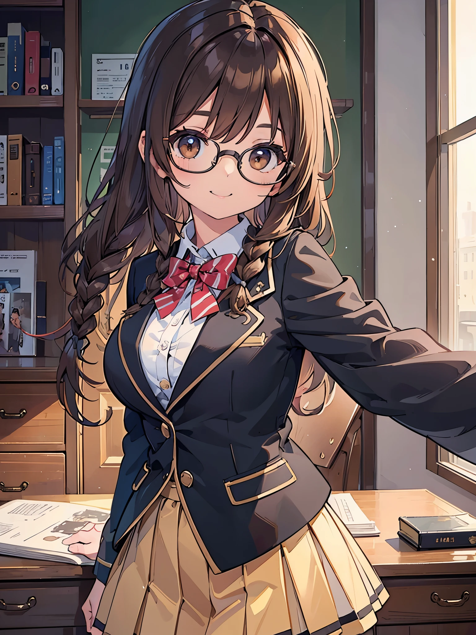 1 Female、Brown hair、Brown Eyes、Best Quality、Super detailed、8 Resolution、Raw photo、Mastepiece、Perfect Body、high resolution、highest quality、Detailed drawing、Vibrant colors、lure、smile、Braid、Black-rimmed glasses、Captivating breasts、Blazer uniform、chool