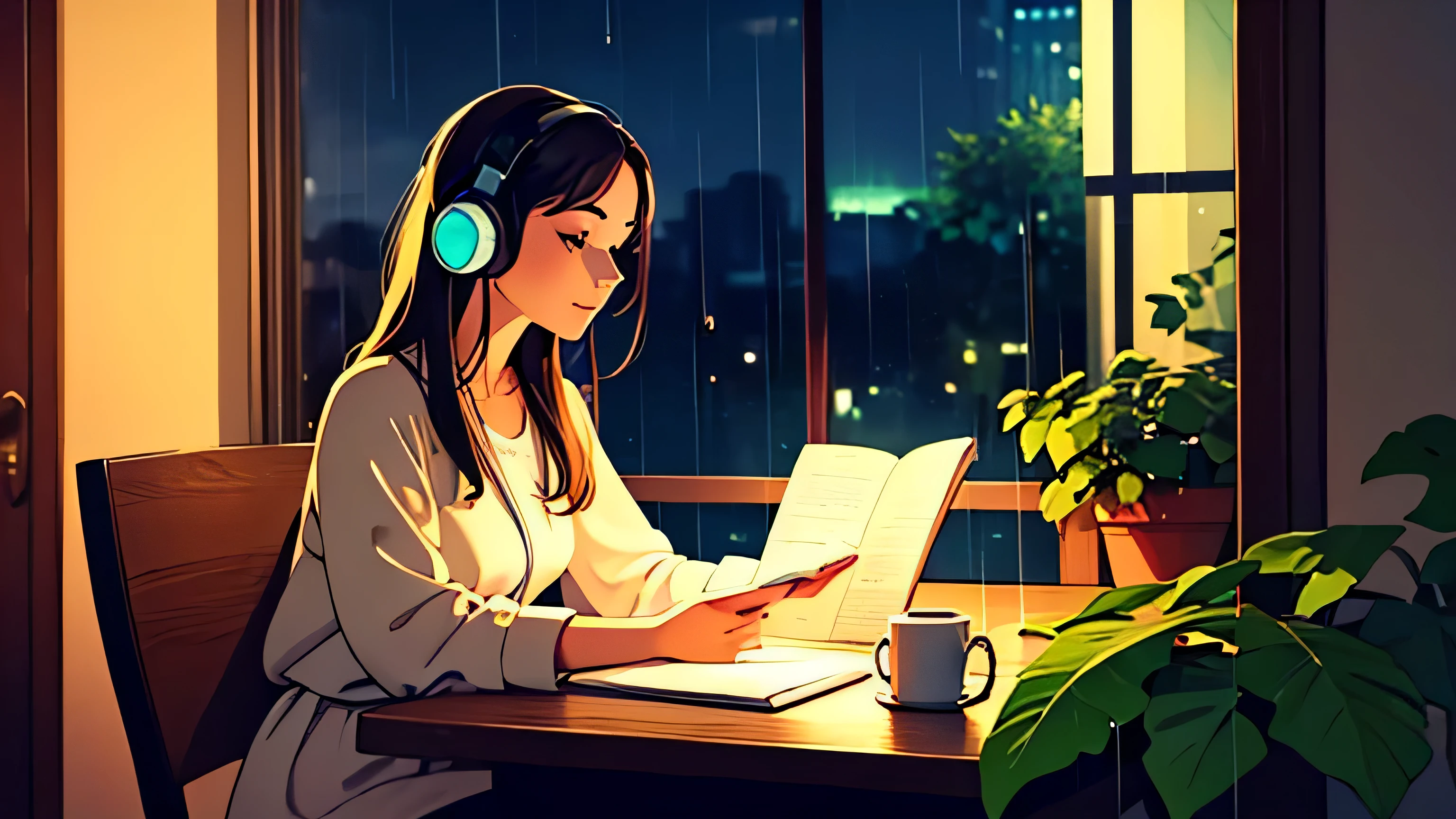 Rainy night　There is a beautiful candle and a computer on the table　３０A beautiful girl in her thirties is wearing headphones and reading a book while sitting in a chair　The night view outside the window is very beautiful.　There are lots of plants around　Lo-fi vibe　