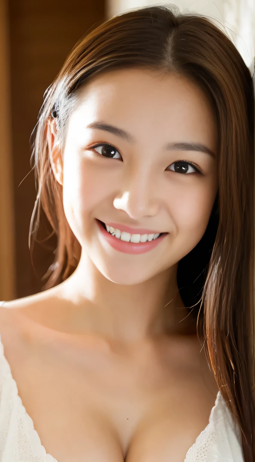 masterpiece,best quality,(Japanese ),((Beautiful girl)),cleavage,indoor,(perfect body beauty:1.2),(shy smile),beautiful teeth,