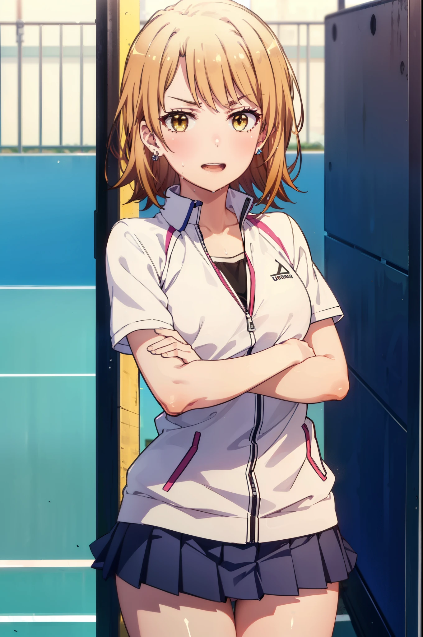 irohaisshiki, Iroha Isshiki, short hair, Brown Hair, (Brown eyes:1.5), happy smile, smile, Open your mouth,smile,
Tennis uniform, Hair Clip, Earrings, jewelry, nm1, Hair Ribbon, short hair, tennis cosplay, (Pleated super short skirt:1.4), (Thighs:1.3), (large teeth:1.3), large chests, (Provocative face:1.3), Open your mouth, (Arms crossed:1.3), (chest:1.3), teeth, Round eyes, (blowing in the Wind:0.5), Sweat around the girl, Dripping Sweat, Squall (Wind:1.2), speed, 爽やかなWind, Motion Blur Effect, Wind, (can'I can't see your pants:1.4) break background is (Tennis court:1.3), (Stand in the center of the screen:1.3), (10,000 spectators:1.3), There are several people behind you, Blue sky with clouds, Outdoor, (Amazing panoramic views:1.2), Wind break sunlight, Nice views, Rainbow in the sky, Particles of light,
break outdoors, Tennis court,
break looking at viewer,(Cowboy Shot:1. 5)
break (masterpiece:1.2), highest quality, High resolution, unity 8k wallpaper, (shape:0.8), (Beautiful details:1.6), Highly detailed face, Perfect lighting, Extremely detailed CG, (Perfect hands, Perfect Anatomy),