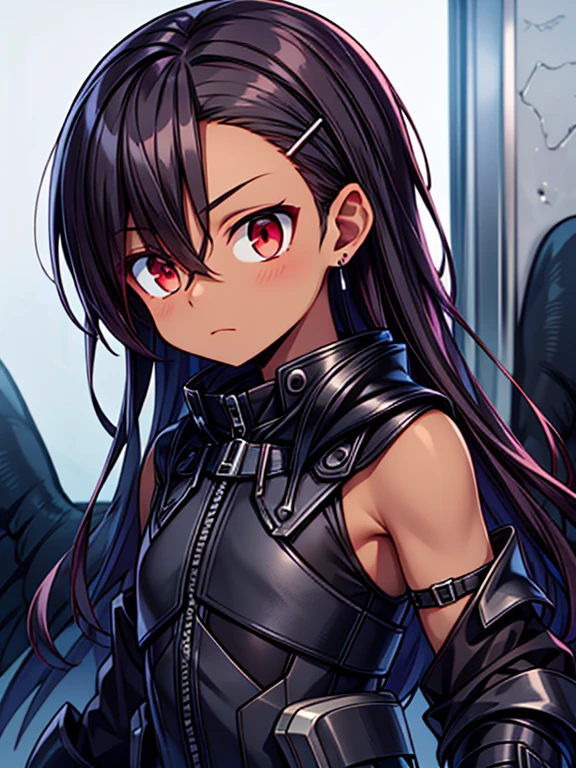Masterpiece High res, high definition, (((dark skin tone))),dark skin male, dark skin, cute shota,red eyes, black hairpin, brown hair, medium dark brown hair,wearing a black exoskeleton, detached sleeves, black armoured Gauntlets, black tech jacket, black bodysuit,black exoskeleton, black fingerless gloves, blue gems, close up