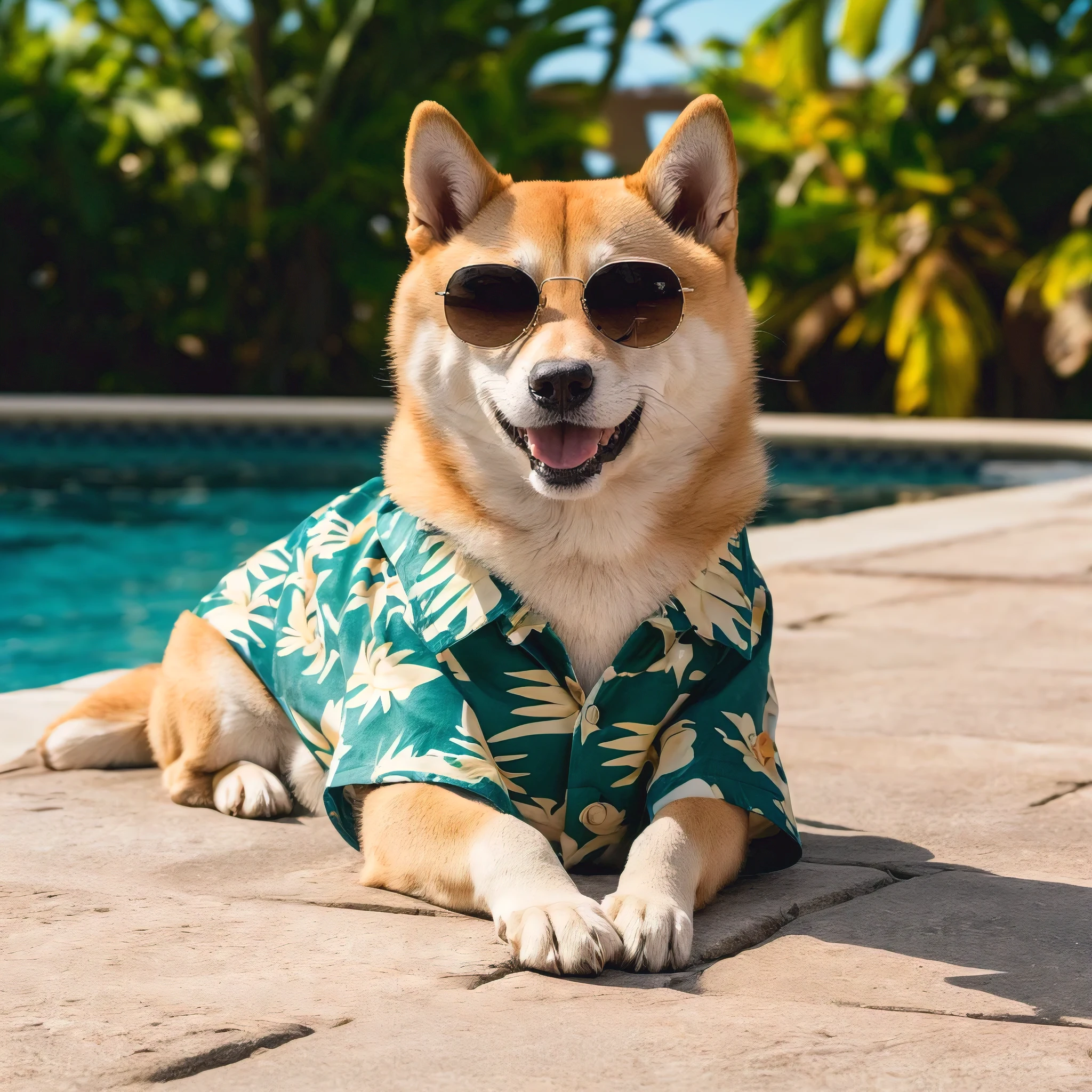 (best quality,4k,8k,highres,masterpiece:1.2),ultra-detailed,(realistic,photorealistic,photo-realistic:1.37), a shiba inu wearing a hawaiian shirt relaxing by the pool, sunglasses, illustration