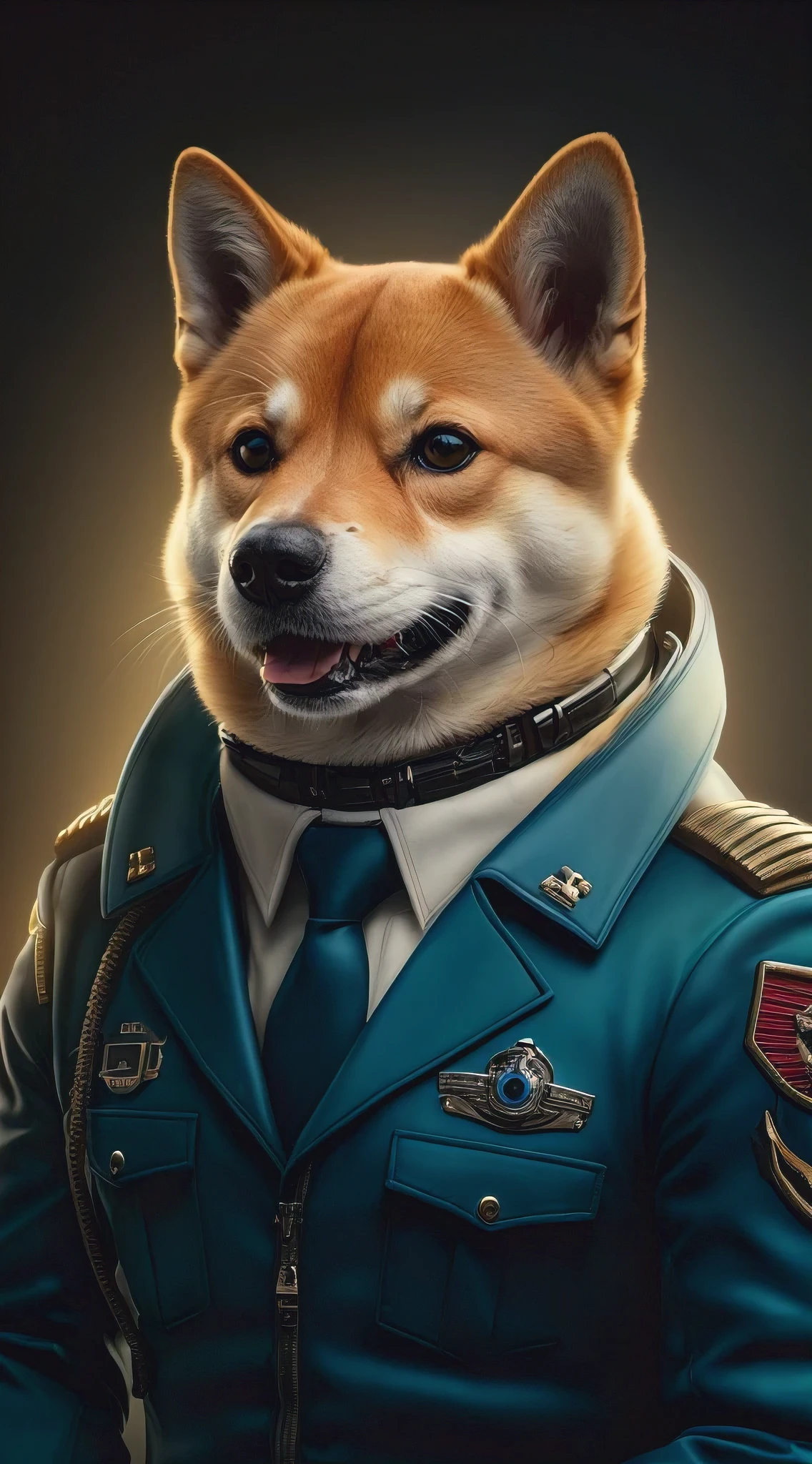 (best quality,4k,8k,highres,masterpiece:1.2),ultra-detailed,(realistic,photorealistic,photo-realistic:1.37), a shiba inu spaceship commander, anthropomorphic, wearing scifi army commander attire, illustration, portrait photography