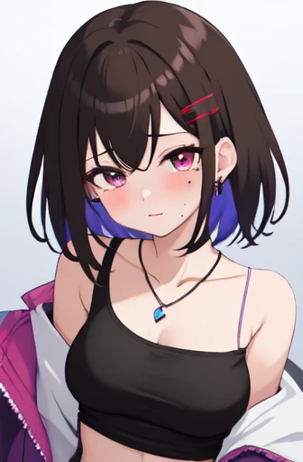 best quality, masterpiece, highres, solo, {higuchi_madoka_theidolmstershinycolors:1.15}, short_hair, brown_hair, mole, mole_under_eye, bangs, hair_ornament, hairclip, purple_eyes, blush, breasts, 1girl, bare_shoulders, collarbone, jewelry, looking_at_viewer, necklace, tank_top, upper_body, white_tank_top, simple_background, red_eyes